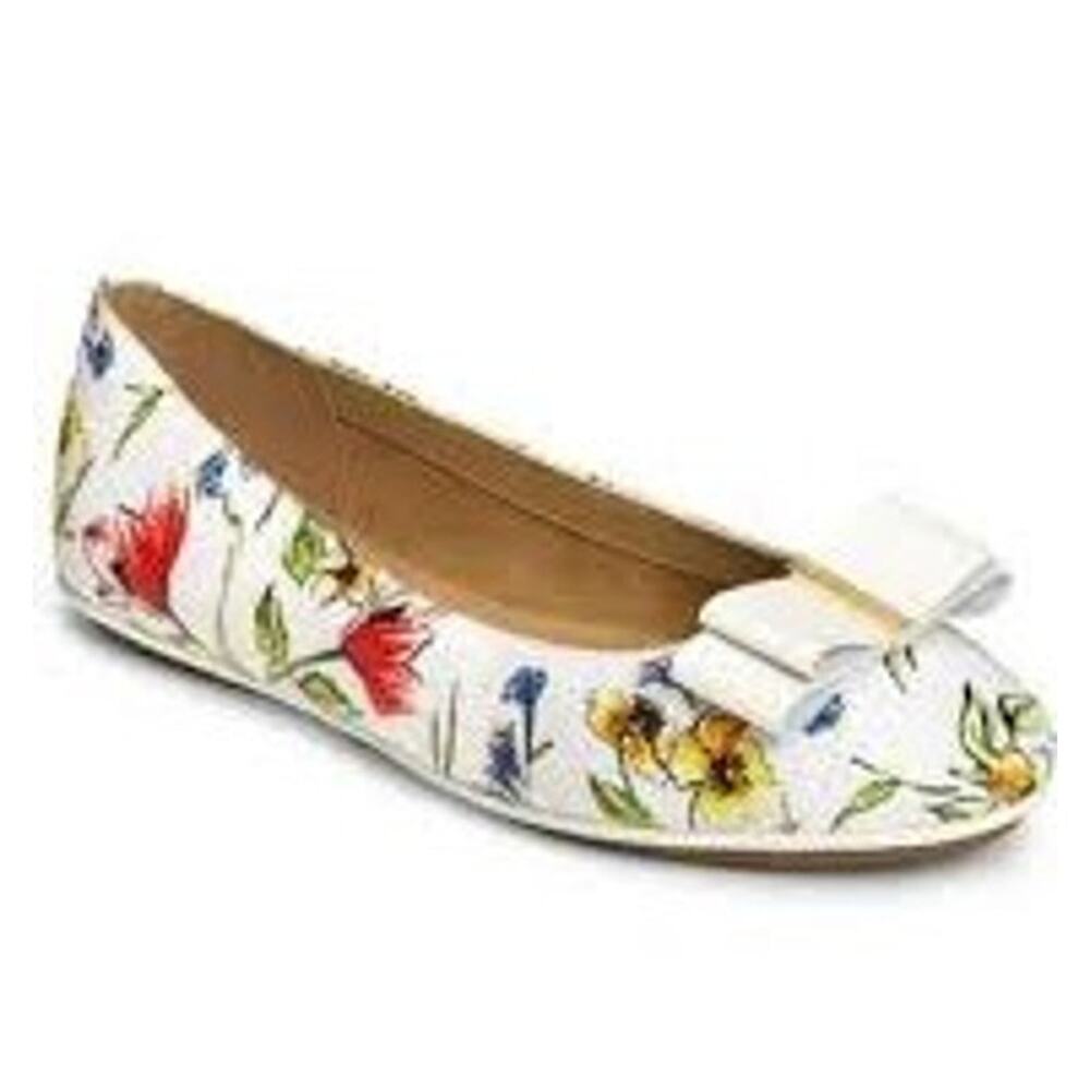 Aerosoles White Multicolor Floral Print Bow Accent Leather Ballet Flat Women's 7